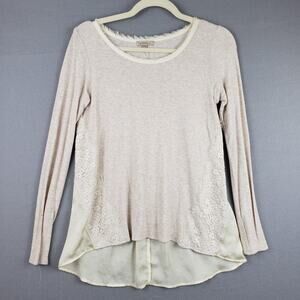 Women's XS Long Sleeve Lace Trim Henley Beige Satin Romantic Cottagecore Modest‎